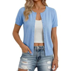 image:imageGRACE KARIN Short Sleeve Cardigan Summer Button up Sweaters for Women Lightweight Crew Neck Casual OutfitsLight Blue