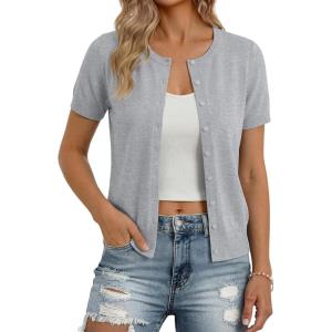 image:imageGRACE KARIN Short Sleeve Cardigan Summer Button up Sweaters for Women Lightweight Crew Neck Casual OutfitsLight Gray