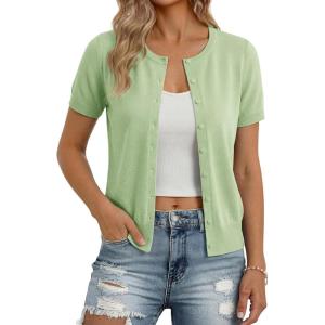 image:imageGRACE KARIN Short Sleeve Cardigan Summer Button up Sweaters for Women Lightweight Crew Neck Casual OutfitsLight Green