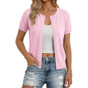 image:imageGRACE KARIN Short Sleeve Cardigan Summer Button up Sweaters for Women Lightweight Crew Neck Casual OutfitsLight Pink