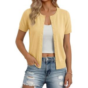 image:imageGRACE KARIN Short Sleeve Cardigan Summer Button up Sweaters for Women Lightweight Crew Neck Casual OutfitsLight Yellow