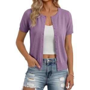 image:imageGRACE KARIN Short Sleeve Cardigan Summer Button up Sweaters for Women Lightweight Crew Neck Casual OutfitsPurple