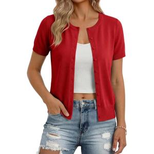 image:imageGRACE KARIN Short Sleeve Cardigan Summer Button up Sweaters for Women Lightweight Crew Neck Casual OutfitsRed