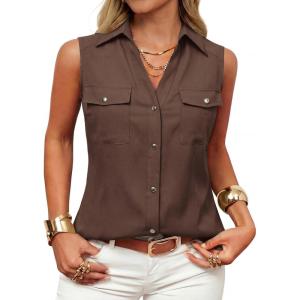 image:imageGRACE KARIN Women Sleeveless Button Down Shirts Summer Solid Dressy Casual Blouse V Neck Tank Top Business Work 2026 TrendyCoffee