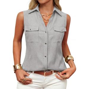 image:imageGRACE KARIN Women Sleeveless Button Down Shirts Summer Solid Dressy Casual Blouse V Neck Tank Top Business Work 2026 TrendyFlower Gray