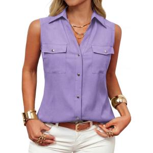 image:imageGRACE KARIN Women Sleeveless Button Down Shirts Summer Solid Dressy Casual Blouse V Neck Tank Top Business Work 2026 TrendyLight Purple