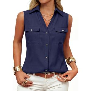 image:imageGRACE KARIN Women Sleeveless Button Down Shirts Summer Solid Dressy Casual Blouse V Neck Tank Top Business Work 2026 TrendyNavy Blue