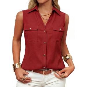 image:imageGRACE KARIN Women Sleeveless Button Down Shirts Summer Solid Dressy Casual Blouse V Neck Tank Top Business Work 2026 TrendyRed