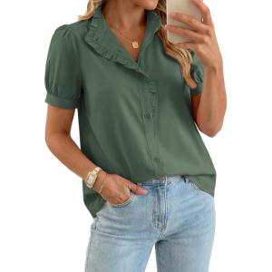 image:imageGRACE KARIN Womens 2026 Summer Short Sleeve Tops Dressy Casual V Neck Blouses Trendy Button Down Shirts Work OfficeArmy Green