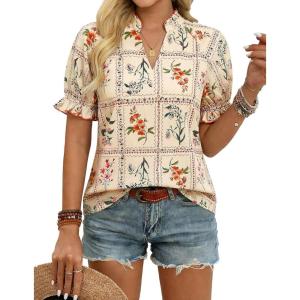 image:imageGRACE KARIN Womens Boho Tops Summer Spring Cotton Floral Blouses Short Sleeve Print Shirts V Neck Beach Vacation Clothes 2026Beige Plaid Floral
