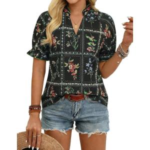 image:imageGRACE KARIN Womens Boho Tops Summer Spring Cotton Floral Blouses Short Sleeve Print Shirts V Neck Beach Vacation Clothes 2026Black Plaid Floral