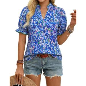 image:imageGRACE KARIN Womens Boho Tops Summer Spring Cotton Floral Blouses Short Sleeve Print Shirts V Neck Beach Vacation Clothes 2026Blue Wave Floral