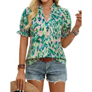 image:imageGRACE KARIN Womens Boho Tops Summer Spring Cotton Floral Blouses Short Sleeve Print Shirts V Neck Beach Vacation Clothes 2026Green Wave Floral