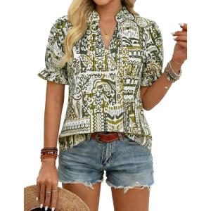 image:imageGRACE KARIN Womens Boho Tops Summer Spring Cotton Floral Blouses Short Sleeve Print Shirts V Neck Beach Vacation Clothes 2026Green White Folk Floral