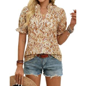 image:imageGRACE KARIN Womens Boho Tops Summer Spring Cotton Floral Blouses Short Sleeve Print Shirts V Neck Beach Vacation Clothes 2026Khaki Wave Floral