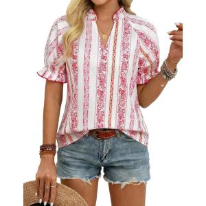 image:imageGRACE KARIN Womens Boho Tops Summer Spring Cotton Floral Blouses Short Sleeve Print Shirts V Neck Beach Vacation Clothes 2026Pink White Striped Floral
