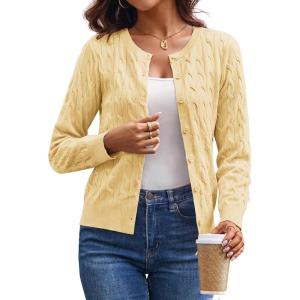 image:imageGRACE KARIN Womens Long Sleeve Button Up Cable Knit Cardigan Lightweight 2026 Crewneck Button Down Sweaters for WomenButter Yellow