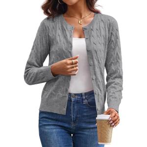 image:imageGRACE KARIN Womens Long Sleeve Button Up Cable Knit Cardigan Lightweight 2026 Crewneck Button Down Sweaters for WomenLight Heather Gray