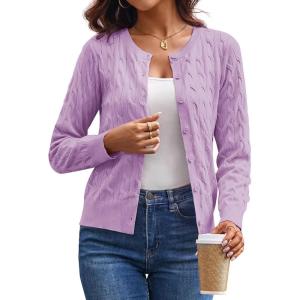 image:imageGRACE KARIN Womens Long Sleeve Button Up Cable Knit Cardigan Lightweight 2026 Crewneck Button Down Sweaters for WomenLight Purple