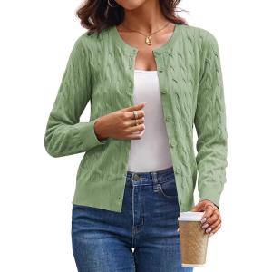 image:imageGRACE KARIN Womens Long Sleeve Button Up Cable Knit Cardigan Lightweight 2026 Crewneck Button Down Sweaters for WomenLight Sage Green