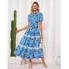image:imageGRACE KARIN Womens 2026 Summer Floral Flowy Dresses Boho Tie Belt Short Puff Sleeve A Line Maxi Shirt Dress with PocketBlue Floral