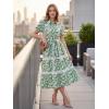 image:imageGRACE KARIN Womens 2026 Summer Floral Flowy Dresses Boho Tie Belt Short Puff Sleeve A Line Maxi Shirt Dress with PocketGreen White Leaf
