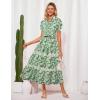 image:imageGRACE KARIN Womens 2026 Summer Floral Flowy Dresses Boho Tie Belt Short Puff Sleeve A Line Maxi Shirt Dress with PocketGreen White Leaf