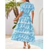 image:imageGRACE KARIN Womens 2026 Summer Floral Flowy Dresses Boho Tie Belt Short Puff Sleeve A Line Maxi Shirt Dress with PocketWhite Blue
