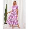 image:imageGRACE KARIN Womens 2026 Summer Floral Flowy Dresses Boho Tie Belt Short Puff Sleeve A Line Maxi Shirt Dress with PocketWhite Purple