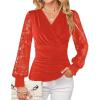image:imageGRACE KARIN Womens Tops Dressy Casual Elegant Lace Sleeve Shirts Wrap Ruched Blouses 2026 Spring Fashion OutfitsRed