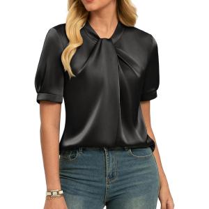 image:imageGRACE KARIN 2026 Women Satin Tops Short Sleeve Blouse Mock Neck Work Silk Shirts Business Casual OutfitsBlack