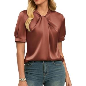 image:imageGRACE KARIN 2026 Women Satin Tops Short Sleeve Blouse Mock Neck Work Silk Shirts Business Casual OutfitsBrown