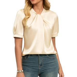image:imageGRACE KARIN 2026 Women Satin Tops Short Sleeve Blouse Mock Neck Work Silk Shirts Business Casual OutfitsChampagne