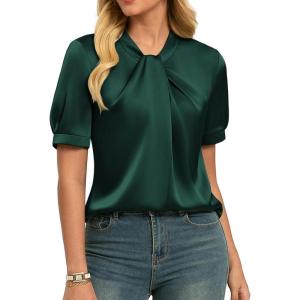 image:imageGRACE KARIN 2026 Women Satin Tops Short Sleeve Blouse Mock Neck Work Silk Shirts Business Casual OutfitsDark Green