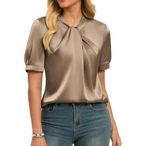image:imageGRACE KARIN 2026 Women Satin Tops Short Sleeve Blouse Mock Neck Work Silk Shirts Business Casual OutfitsKhaki
