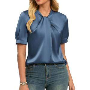 image:imageGRACE KARIN 2026 Women Satin Tops Short Sleeve Blouse Mock Neck Work Silk Shirts Business Casual OutfitsLight Gray Blue