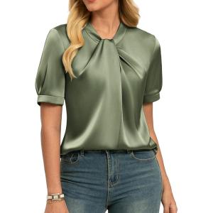 image:imageGRACE KARIN 2026 Women Satin Tops Short Sleeve Blouse Mock Neck Work Silk Shirts Business Casual OutfitsLight Green