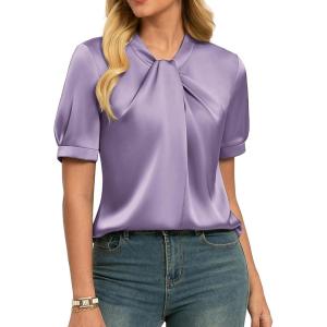 image:imageGRACE KARIN 2026 Women Satin Tops Short Sleeve Blouse Mock Neck Work Silk Shirts Business Casual OutfitsLilac Purple