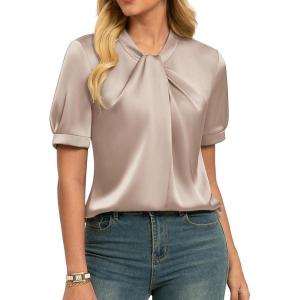 image:imageGRACE KARIN 2026 Women Satin Tops Short Sleeve Blouse Mock Neck Work Silk Shirts Business Casual OutfitsOatmeal Color