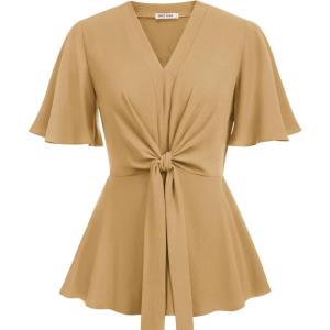 image:imageGRACE KARIN 2026 Womens Elegant V Neck Peplum Tops Tie Front Short Bell Sleeve Shirts Tops BlouseApricot