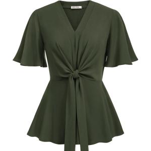 image:imageGRACE KARIN 2026 Womens Elegant V Neck Peplum Tops Tie Front Short Bell Sleeve Shirts Tops BlouseArmy Green
