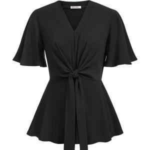 image:imageGRACE KARIN 2026 Womens Elegant V Neck Peplum Tops Tie Front Short Bell Sleeve Shirts Tops BlouseBlack