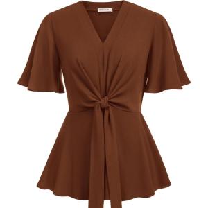 image:imageGRACE KARIN 2026 Womens Elegant V Neck Peplum Tops Tie Front Short Bell Sleeve Shirts Tops BlouseBrown