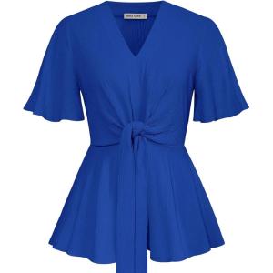 image:imageGRACE KARIN 2026 Womens Elegant V Neck Peplum Tops Tie Front Short Bell Sleeve Shirts Tops BlouseCrinkly Royal Blue