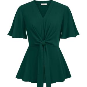 image:imageGRACE KARIN 2026 Womens Elegant V Neck Peplum Tops Tie Front Short Bell Sleeve Shirts Tops BlouseDark Green