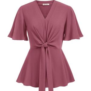 image:imageGRACE KARIN 2026 Womens Elegant V Neck Peplum Tops Tie Front Short Bell Sleeve Shirts Tops BlouseDark Pink