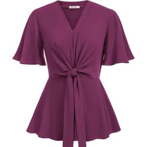 image:imageGRACE KARIN 2026 Womens Elegant V Neck Peplum Tops Tie Front Short Bell Sleeve Shirts Tops BlouseDark Rose Red