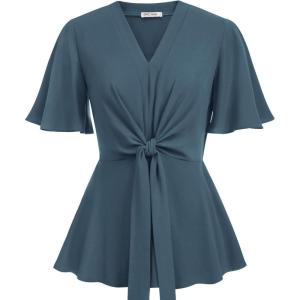 image:imageGRACE KARIN 2026 Womens Elegant V Neck Peplum Tops Tie Front Short Bell Sleeve Shirts Tops BlouseGrey Blue