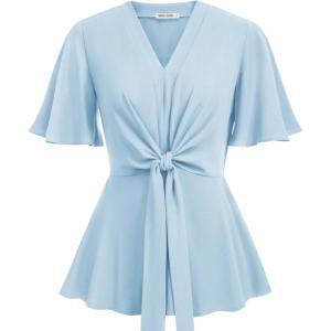 image:imageGRACE KARIN 2026 Womens Elegant V Neck Peplum Tops Tie Front Short Bell Sleeve Shirts Tops BlouseLight Blue