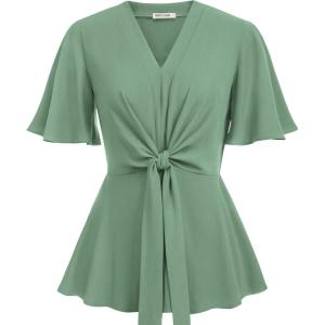 image:imageGRACE KARIN 2026 Womens Elegant V Neck Peplum Tops Tie Front Short Bell Sleeve Shirts Tops BlouseLight Green